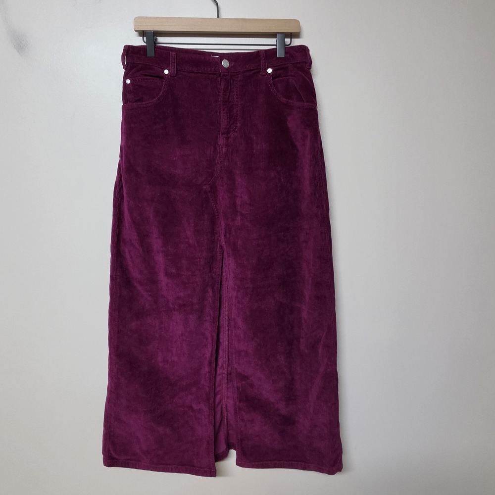 PILCRO Anthropologie Corduroy Maxi Skirt Women 8 Burgundy Purple Front Slit